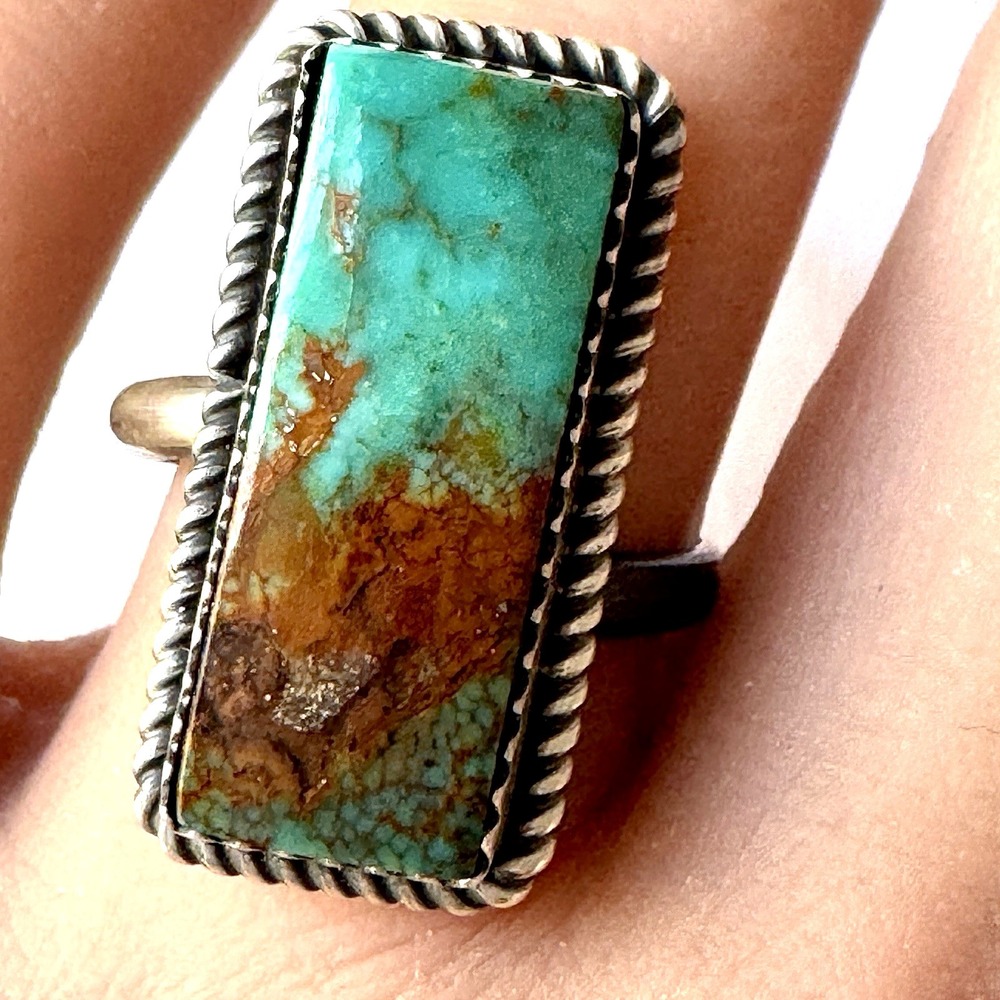 Navajo Turquoise Ring Adjustable Sz 8 Signed Tia Long Rectangle Sterling Native